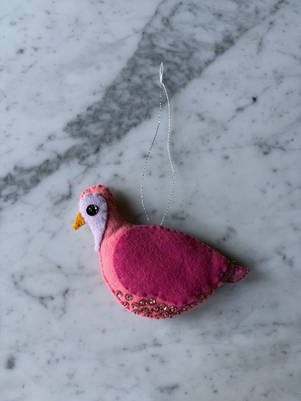 Handmade Pink Felt Bird Christmas Ornament Beaded Hanging Small